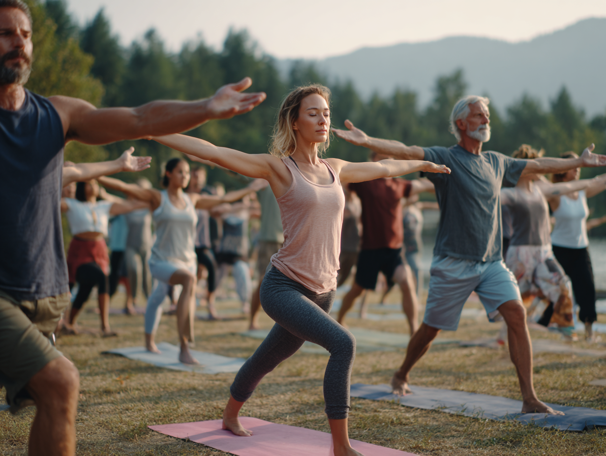 Grup divers de persoane practicând yoga în natură